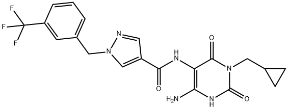 1H-Pyrazole-4-carboxamide,  N-[4-amino-1-(cyclopropylmethyl)-1,2,3,6-tetrahydro-2,6-dioxo-5-pyrimidinyl]-1-[[3-(trifluoromethyl)phenyl]methyl]- 구조식 이미지