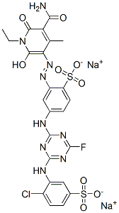 disodium 2-[[5-carbamoyl-1-ethyl-1,6-dihydro-2-hydroxy-4-methyl-6-oxo-3-pyridyl]azo]-4-[[4-[(2-chloro-5-sulphonatophenyl)amino]-6-fluoro-1,3,5-triazin-2-yl]amino]benzenesulphonate 구조식 이미지