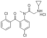 N-[4-클로로-2-(2-클로로벤조일)페닐]-2-(사이클로프로필아미노)-N-메틸-세트아미드염산염 구조식 이미지