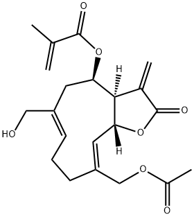 2-Methylpropenoic acid [(3aR,4R,6Z,10Z,11aR)-10-acetoxymethyl-2,3,3a,4,5,8,9,11a-octahydro-6-hydroxymethyl-3-methylene-2-oxocyclodeca[b]furan-4-yl] ester Structure