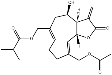 2-Methylpropanoic acid [[(3aR,4R,6Z,10Z,11aR)-10-acetoxymethyl-2,3,3a,4,5,8,9,11a-octahydro-4-hydroxy-3-methylene-2-oxocyclodeca[b]furan-6-yl]methyl] ester 구조식 이미지