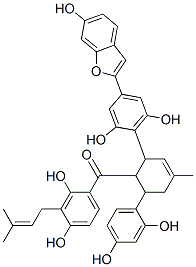 (+)-[2-[2,6-Dihydroxy-4-(6-hydroxybenzofuran-2-yl)phenyl]-6-(2,4-dihydroxyphenyl)-4-methyl-3-cyclohexen-1-yl][2,4-dihydroxy-3-(3-methyl-2-buten-1-yl)phenyl]methanone Structure