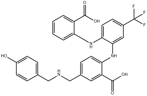 Benzoic  acid,  2-[[2-[(2-carboxyphenyl)amino]-5-(trifluoromethyl)phenyl]amino]-5-[[[(4-hydroxyphenyl)methyl]amino]methyl]- 구조식 이미지