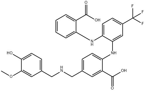 Benzoic  acid,  2-[[2-[(2-carboxyphenyl)amino]-5-(trifluoromethyl)phenyl]amino]-5-[[[(4-hydroxy-3-methoxyphenyl)methyl]amino]methyl]- 구조식 이미지