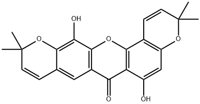 6,13-Dihydroxy-3,3,11,11-tetramethyl-3H,7H,11H-dipyrano[3,2-b:3',2'-h]xanthen-7-one 구조식 이미지