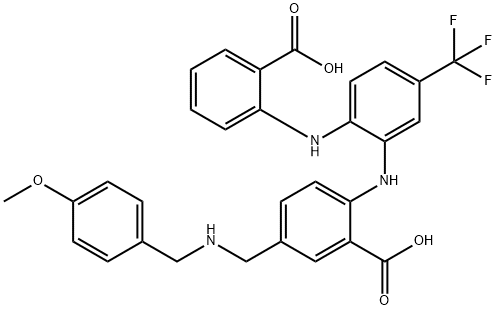 Benzoic  acid,  2-[[2-[(2-carboxyphenyl)amino]-5-(trifluoromethyl)phenyl]amino]-5-[[[(4-methoxyphenyl)methyl]amino]methyl]- 구조식 이미지