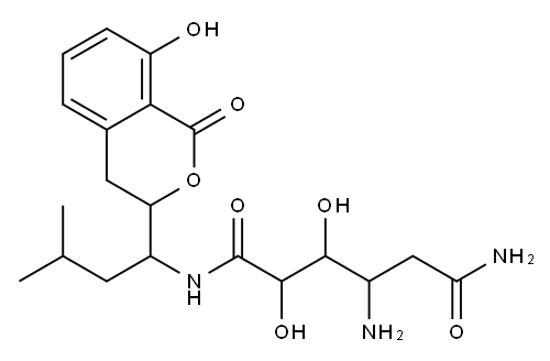 4-Amino-2,3-dihydroxy-N-[1-(3,4-dihydro-8-hydroxy-1-oxo-1H-2-benzopyran-3-yl)-3-methylbutyl]hexanediamide 구조식 이미지