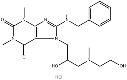 1H-Purine-2,6-dione, 3,7-dihydro-1,3-dimethyl-7-(2-hydroxy-3-((2-hydro xyethyl)methylamino)propyl)-8-((phenylmethyl)amino)-, monohydrochlorid e Structure