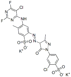 dipotassium 6-[(5-chloro-2,6-difluoro-4-pyrimidinyl)amino]-4-[[1-(3-chloro-4-sulphonatophenyl)-4,5-dihydro-3-methyl-5-oxo-1H-pyrazol-4-yl]azo]toluene-3-sulphonate Structure