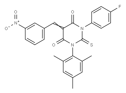 4,6(1H,5H)-Pyrimidinedione, dihydro-1-(4-fluorophenyl)-5-((3-nitrophen yl)methylene)-2-thioxo-3-(2,4,6-trimethylphenyl)- 구조식 이미지