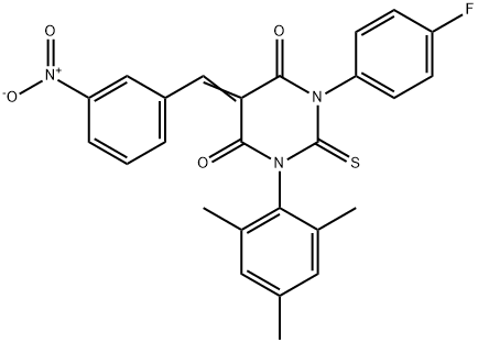 4,6(1H,5H)-Pyrimidinedione, dihydro-1-(4-fluorophenyl)-5-((3-nitrophen yl)methylene)-2-thioxo-3-(2,4,6-trimethylphenyl)- Structure