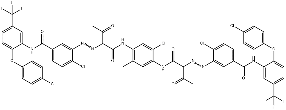 3,3'-[(2-chloro-5-methyl-p-phenylene)bis[imino(1-acetyl-2-oxoethylene)azo]]bis[4-chloro-N-[2-(4-chlorophenoxy)-5-(trifluoromethyl)phenyl]benzamide] Structure