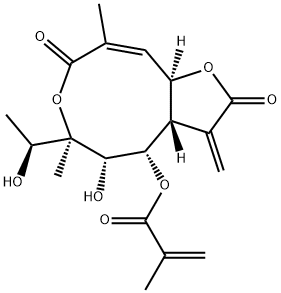 2-Methylpropenoic acid [(3aS,4S,5S,6R,9Z,10aR)-2,3,3a,4,5,6,8,10a-octahydro-5-hydroxy-6-[(S)-1-hydroxyethyl]-6,9-dimethyl-3-methylene-2,8-dioxofuro[2,3-e]oxonin-4-yl] ester 구조식 이미지