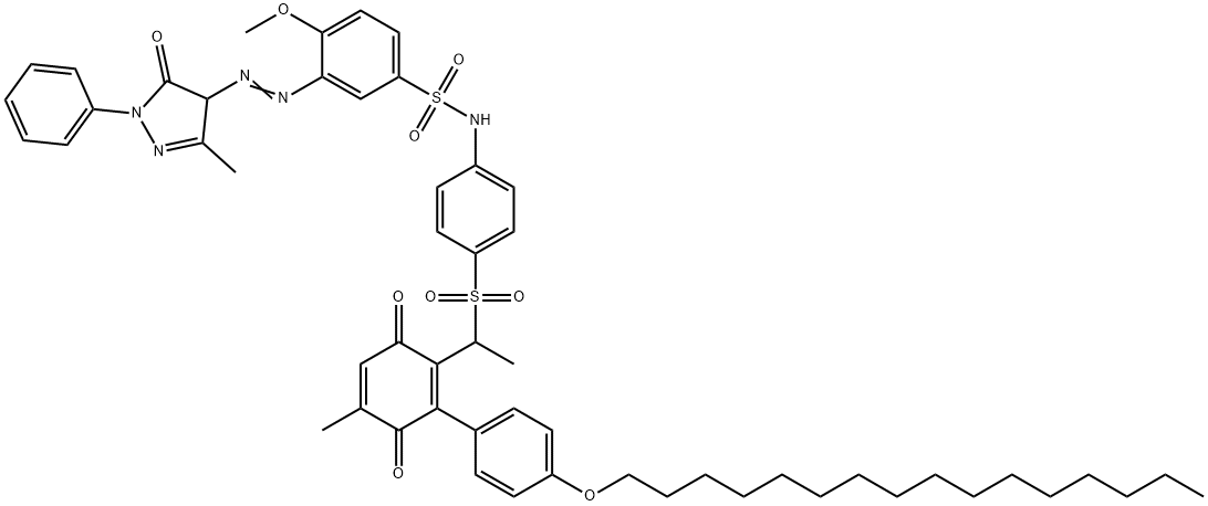 3-[(4,5-dihydro-3-methyl-5-oxo-1-phenyl-1H-pyrazol-4-yl)azo]-N-[4-[[1-[2-[4-(hexadecyloxy)phenyl]-4-methyl-3,6-dioxocyclohexa-1,4-dien-1-yl]ethyl]sulphonyl]phenyl]-4-methoxybenzenesulphonamide 구조식 이미지