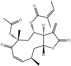 (Z)-2-Methyl-2-butenoic acid (3aS,4S,6R,8Z,10R,11aR)-6-acetoxy-2,3,3a,4,5,6,7,10,11,11a-decahydro-6,10-dimethyl-3-methylene-2,7-dioxocyclodeca[b]furan-4-yl ester Structure