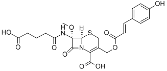 (7S)-7-[(4-Carboxy-1-oxobutyl)amino]-7-methoxy-3-[[[(E)-3-(4-hydroxyphenyl)-1-oxo-2-propenyl]oxy]methyl]cepham-3-ene-4-carboxylic acid 구조식 이미지