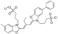 hydrogen 5-methyl-2-[2-[[5-phenyl-3-(3-sulphonatopropyl)-3H-benzoxazol-2-ylidene]methyl]but-1-enyl]-3-(3-sulphonatopropyl)benzoxazolium, lithium salt 구조식 이미지