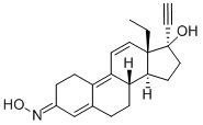 13-Ethyl-17-hydroxy-18,19-dinorpregna-4,9,11-trien-20-yn-3-one 3-oxime 구조식 이미지