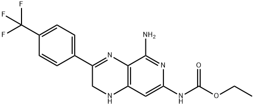 Carbamic acid, (5-amino-1,2-dihydro-3-(4-(trifluoromethyl)phenyl)pyrid o(3,4-b)pyrazin-7-yl)-, ethyl ester 구조식 이미지