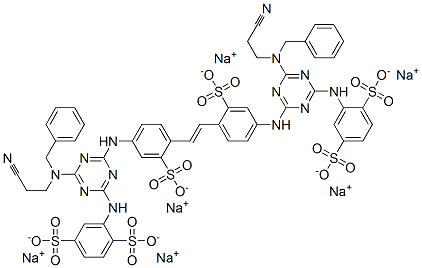 hexasodium 2,2'-[vinylenebis[(3-sulphonato-4,1-phenylene)imino[6-[(2-cyanoethyl)(phenylmethyl)amino]-1,3,5-triazine-4,2-diyl]imino]]bis(benzene-1,4-disulphonate)  구조식 이미지