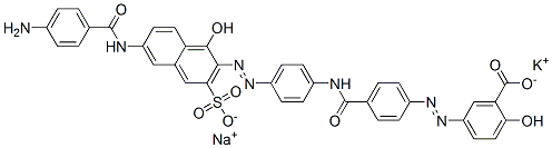 potassium sodium 5-[[4-[[[4-[[6-[(4-aminobenzoyl)amino]-1-hydroxy-3-sulphonato-2-naphthyl]azo]phenyl]amino]carbonyl]phenyl]azo]salicylate 구조식 이미지