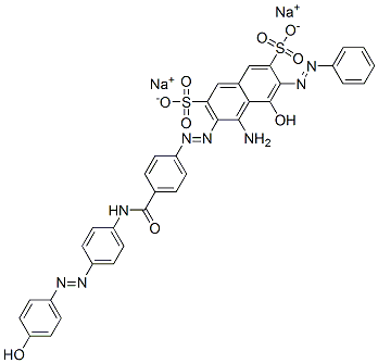 4-amino-5-hydroxy-3-[[4-[[[4-[(4-hydroxyphenyl)azo]phenyl]amino]carbonyl]phenyl]azo]-6-(phenylazo)naphthalene-2,7-disulphonic acid, sodium salt Structure