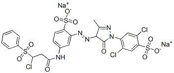 2,5-dichloro-4-[4-[[5-[[3-chloro-3-(phenylsulphonyl)propionyl]amino]-2-sulphophenyl]azo]-4,5-dihydro-3-methyl-5-oxo-1H-pyrazol-1-yl]benzenesulphonic acid, sodium salt Structure