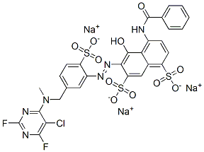 4-(benzoylamino)-6-[[5-[[(5-chloro-2,6-difluoro-4-pyrimidinyl)methylamino]methyl]-2-sulphophenyl]azo]-5-hydroxynaphthalene-1,7-disulphonic acid, sodium salt 구조식 이미지