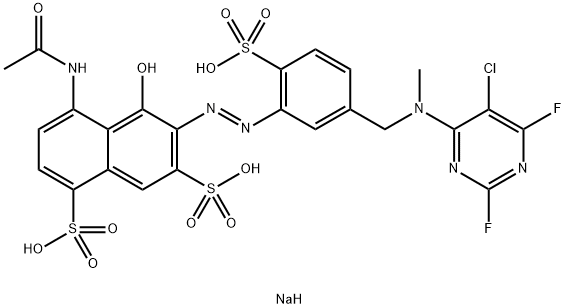 4-(acetylamino)-6-[[5-[[(5-chloro-2,6-difluoro-4-pyrimidinyl)methylamino]methyl]-2-sulphophenyl]azo]-5-hydroxynaphthalene-1,7-disulphonic acid, sodium salt 구조식 이미지