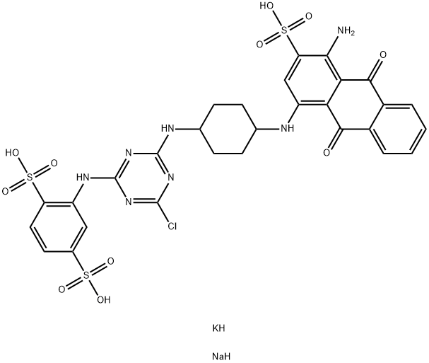 2-[[4-[[4-[(4-amino-9,10-dihydro-9,10-dioxo-3-sulpho-1-anthryl)amino]cyclohexyl]amino]-6-chloro-1,3,5-triazin-2-yl]amino]benzene-1,4-disulphonic acid, potassium sodium salt  구조식 이미지