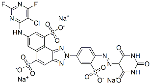 7-[(5-chloro-2,6-difluoro-4-pyrimidinyl)amino]-2-[4-[(hexahydro-2,4,6-trioxo-5-pyrimidinyl)azo]-3-sulphophenyl]-2H-naphtho[1,2-d]triazole-5,9-disulphonic acid, sodium salt 구조식 이미지