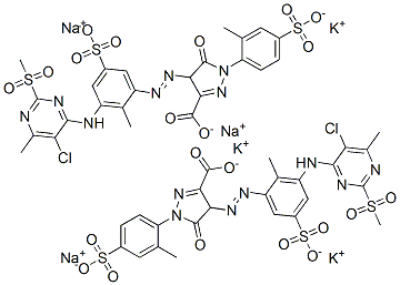 4-[[3-[[5-chloro-6-methyl-2-(methylsulphonyl)-4-pyrimidinyl]amino]-2-methyl-5-sulphophenyl]azo]-4,5-dihydro-1-(2-methyl-4-sulphophenyl)-5-oxo-1H-pyrazole-3-carboxylic acid, potassium sodium salt 구조식 이미지