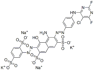 4-amino-3-[[4-[(5-chloro-2,6-difluoro-4-pyrimidinyl)amino]phenyl]azo]-6-[(2,5-disulphophenyl)azo]-5-hydroxynaphthalene-2,7-disulphonic acid, potassium sodium salt Structure