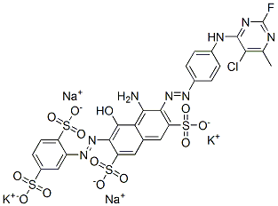 4-amino-3-[[4-[(5-chloro-2-fluoro-6-methyl-4-pyrimidinyl)amino]phenyl]azo]-6-[(2,5-disulphophenyl)azo]-5-hydroxynaphthalene-2,7-disulphonic acid, potassium sodium salt 구조식 이미지