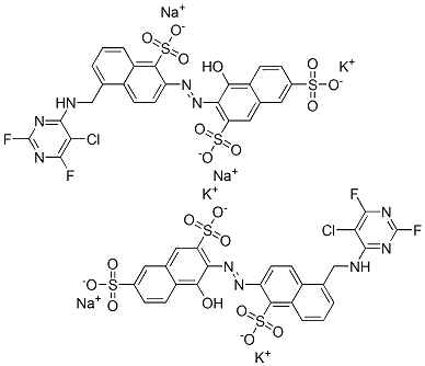 3-[[5-[[(5-chloro-2,6-difluoro-4-pyrimidinyl)amino]methyl]-1-sulpho-2-naphthyl]azo]-4-hydroxynaphthalene-2,7-disulphonic acid, potassium sodium salt Structure