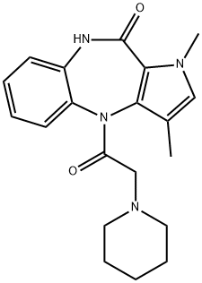 Pyrrolo(3,2-b)(1,5)benzodiazepin-10(1H)-one, 4,9-dihydro-1,3-dimethyl- 4-(1-piperidinylacetyl)- 구조식 이미지