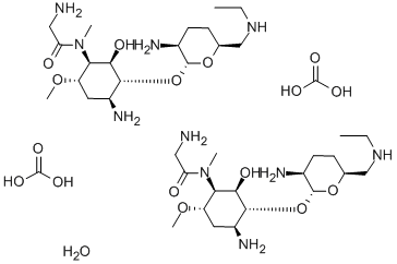 4-Amino-1-[(aminoacetyl)methylamino]-3-O-[2-amino-2,3,4,6-tetradeoxy-6-(ethylamino)-α-D-erythro-hexopyranosyl]-1,4,5-trideoxy-6-O-methyl-L-chiro-inositol 구조식 이미지