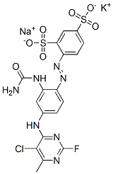 potassium sodium 4-[[2-[(aminocarbonyl)amino]-4-[(5-chloro-2-fluoro-6-methyl-4-pyrimidyl)amino]phenyl]azo]benzene-1,3-disulphonate 구조식 이미지