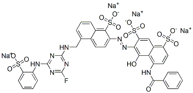 4-(benzoylamino)-6-[[5-[[[4-fluoro-6-[(2-sulphophenyl)amino]-1,3,5-triazin-2-yl]amino]methyl]-1-sulpho-2-naphthyl]azo]-5-hydroxynaphthalene-1,7-disulphonic acid, sodium salt 구조식 이미지
