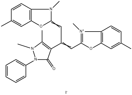 2-[2-(2,3-dihydro-1,5-dimethyl-3-oxo-2-phenyl-1H-pyrazol-4-yl)-3-(3,6-dimethyl-3H-benzoxazol-2-ylidene)prop-1-enyl]-3,6-dimethylbenzoxazolium iodide Structure