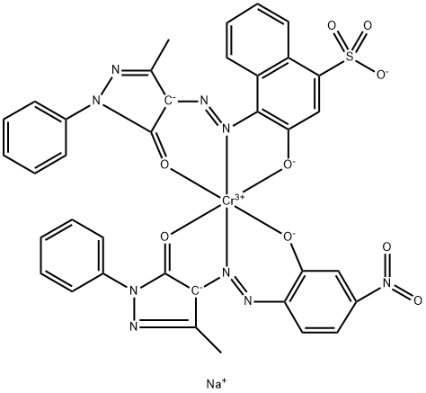 크롬(2-), [2,4-디하이드로-4-[(2-하이드록시-4-니트로페닐)아조]-5-메틸-2-페닐-3H-피라졸-3-오네이토(2-)][4-[(4,5-디하이드로-3-메틸-5-옥소-1-페닐-1H-피라졸-4-일)아조]-3-하이드록시-1-나프탈렌술포네이토(3-)]-, 디소디움 구조식 이미지