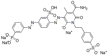 tetrasodium 2-[[5-(aminocarbonyl)-1,6-dihydro-4-methyl-2-oxido-6-oxo-1-[2-(4-sulphonatophenyl)ethyl]-3-pyridyl]azo]-5-[(3-phosphonatophenyl)azo]benzenesulphonate 구조식 이미지