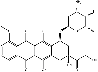 5,12-Naphthacenedione, 10-(2R,4S,5S,6S)-4-aminotetrahydro-5-iodo-6-methyl-2H-pyran-2-yloxy-7,8,9,10-tetrahydro-6,8,11-trihydroxy-8-(hydroxyacetyl)-1-methoxy-, (8S,10S)- Structure