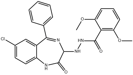 Benzoic acid, 2,6-dimethoxy-, 2-(7-chloro-2,3-dihydro-2-oxo-5-phenyl-1 H-1,4-benzodiazepin-3-yl)hydrazide Structure
