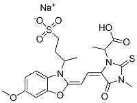 sodium alpha-methyl 5-[[6-methoxy-3-(4-sulphonato-2-butyl)benzoxazol-2(3H)-ylidene]ethylidene]-3-methyl-4-oxo-2-thioxoimidazolidin-1-ylacetate 구조식 이미지