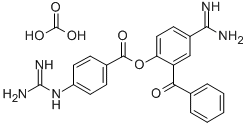Benzoic acid, 4-((aminoiminomethyl)amino)-, 4-(aminoiminomethyl)-2-ben zoylphenyl ester, carbonate (1:1) Structure