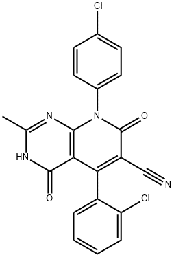 Pyrido[2,3-d]pyrimidine-6-carbonitrile,  5-(2-chlorophenyl)-8-(4-chlorophenyl)-1,4,7,8-tetrahydro-2-methyl-4,7-dioxo-  (9CI) 구조식 이미지