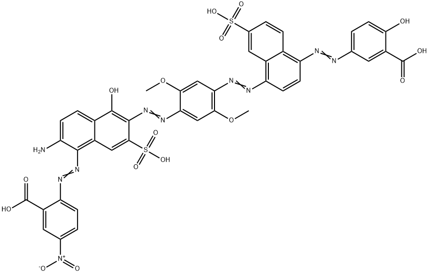 2-[[2-amino-6-[[4-[[4-[(3-carboxy-4-hydroxyphenyl)azo]-7-sulpho-1-naphthyl]azo]-2,5-dimethoxyphenyl]azo]-5-hydroxy-7-sulpho-1-naphthyl]azo]-5-nitrobenzoic acid  구조식 이미지