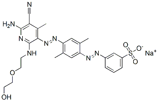 sodium m-[[4-[[6-amino-5-cyano-2-[[2-(2-hydroxyethoxy)ethyl]amino]-4-methyl-3-pyridyl]azo]-2,5-xylyl]azo]benzenesulphonate 구조식 이미지