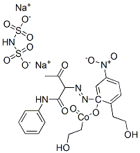 Cobaltate(3-), bis[2-hydroxy-5-nitro-3-[[2-oxo-1-[(phenylamino)carbonyl]propyl]azo]benzenesulfonato(3-)]-, diethanolamine sodium salts Structure